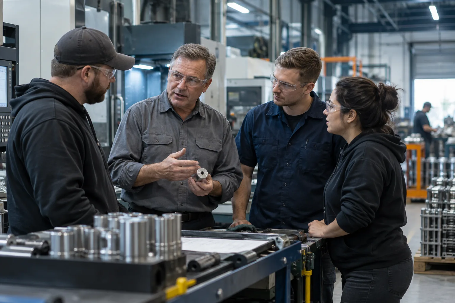 Manufacturing leaders discussing production with a cross-functional team