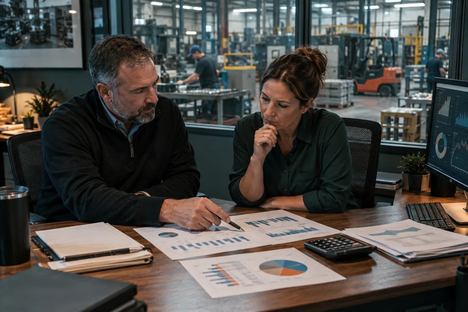 A manufacturing owner and finance leader reviewing business performance