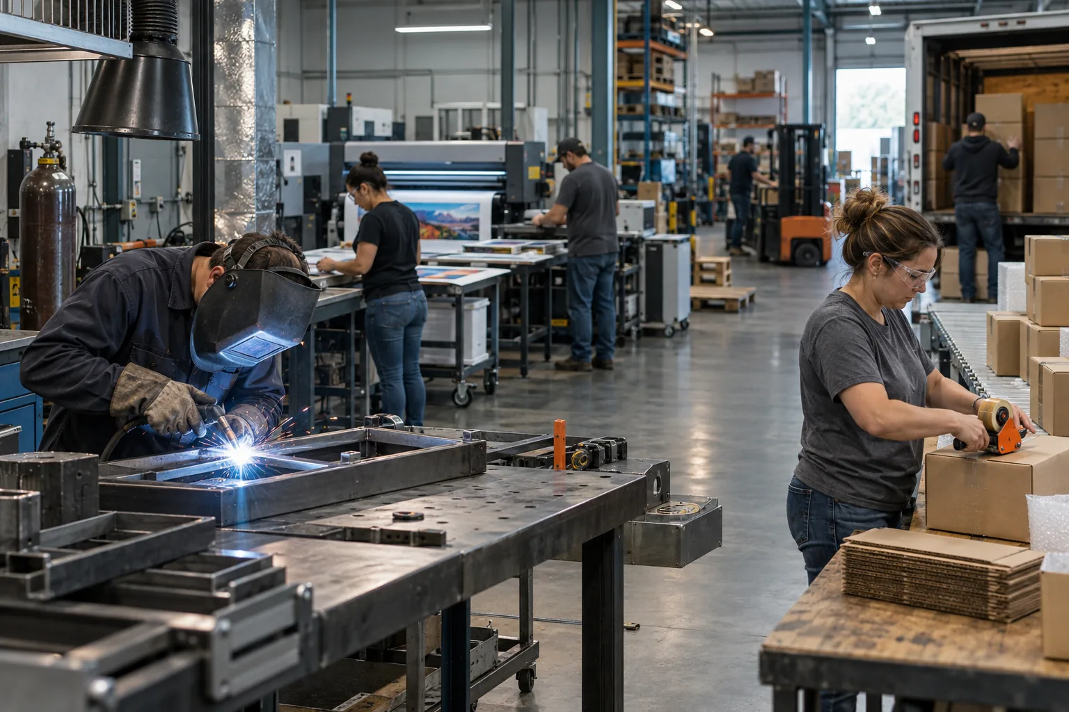 A maker business carrying work through fabrication, printing, packing, and shipping