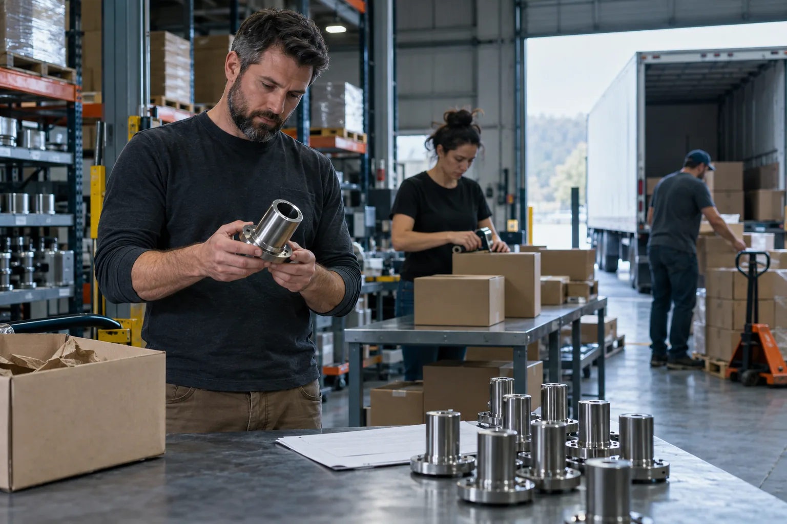 A product-company owner checking finished parts while outbound orders are packed
