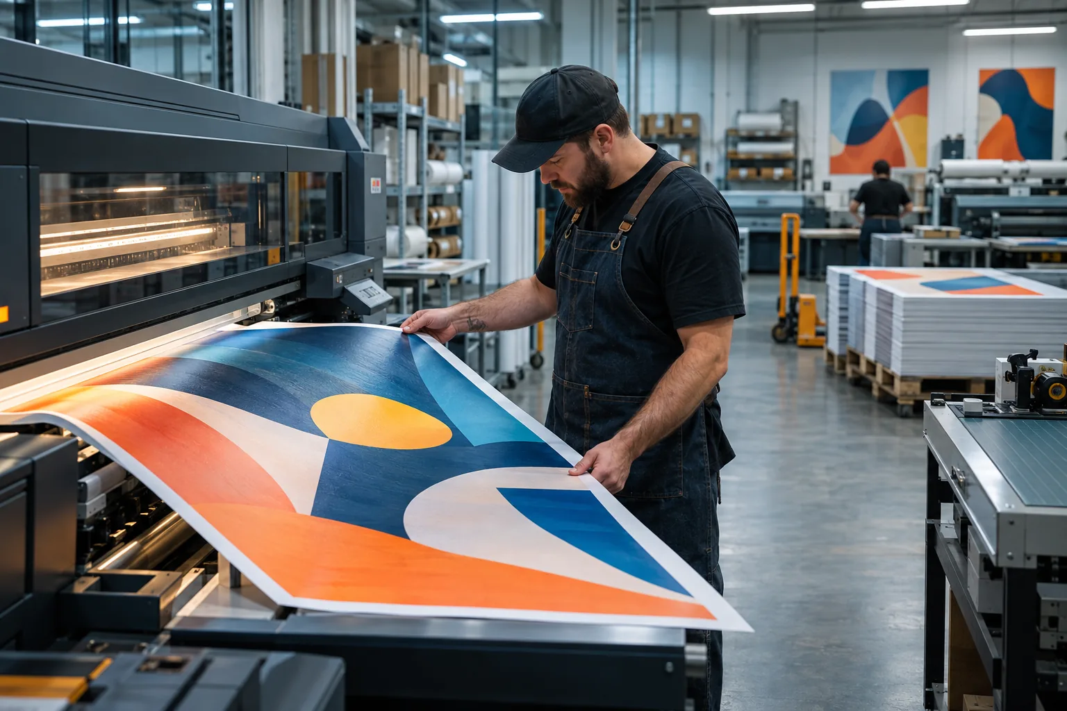 A print operator inspecting color and registration on a large-format job