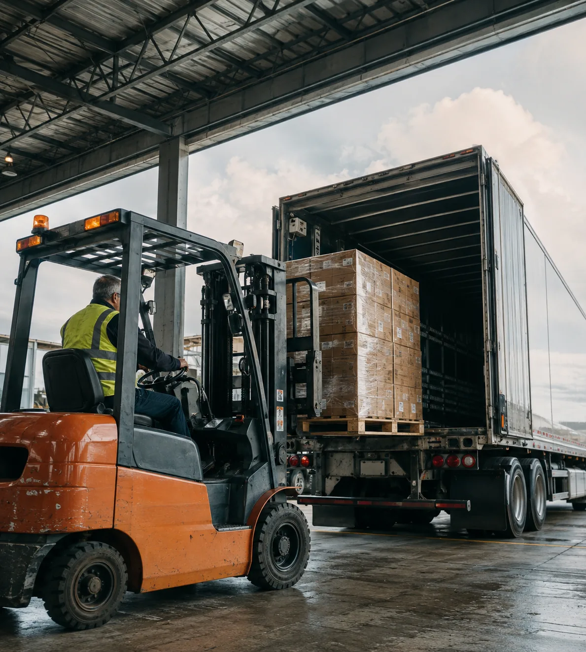 Forklift loading packaged goods into a shipping trailer