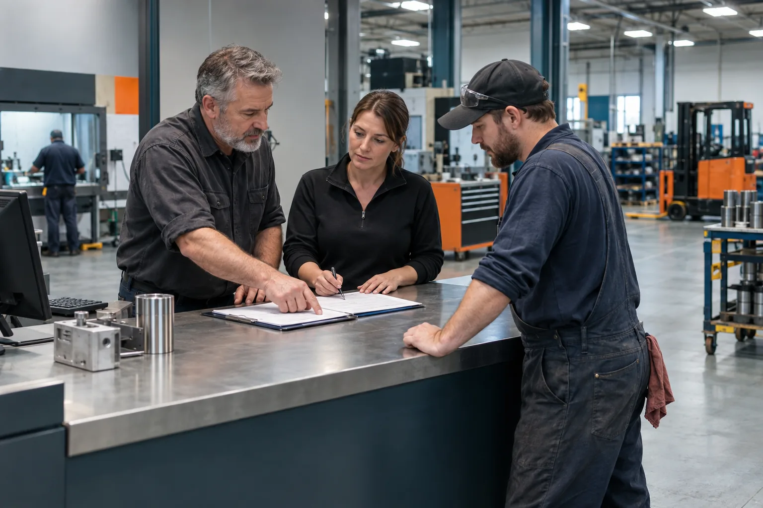 A supervisor, service coordinator, and technician resolving a work-order question
