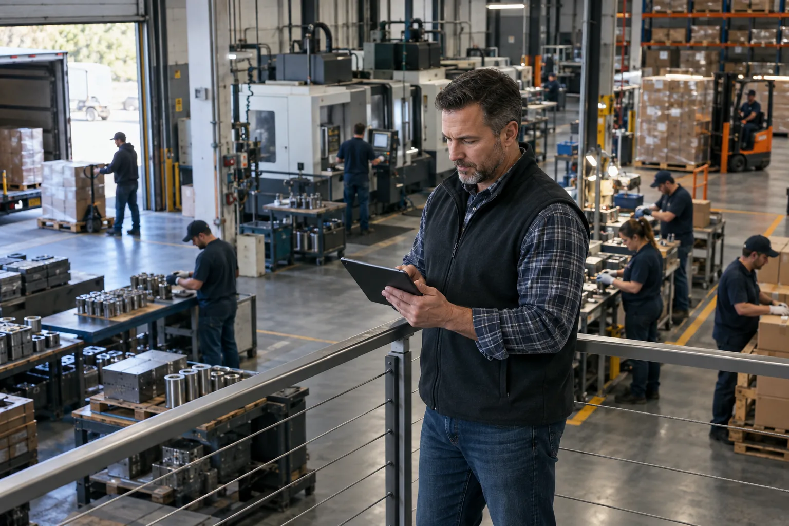 A manufacturing owner overseeing production, inventory, and shipping from the factory floor
