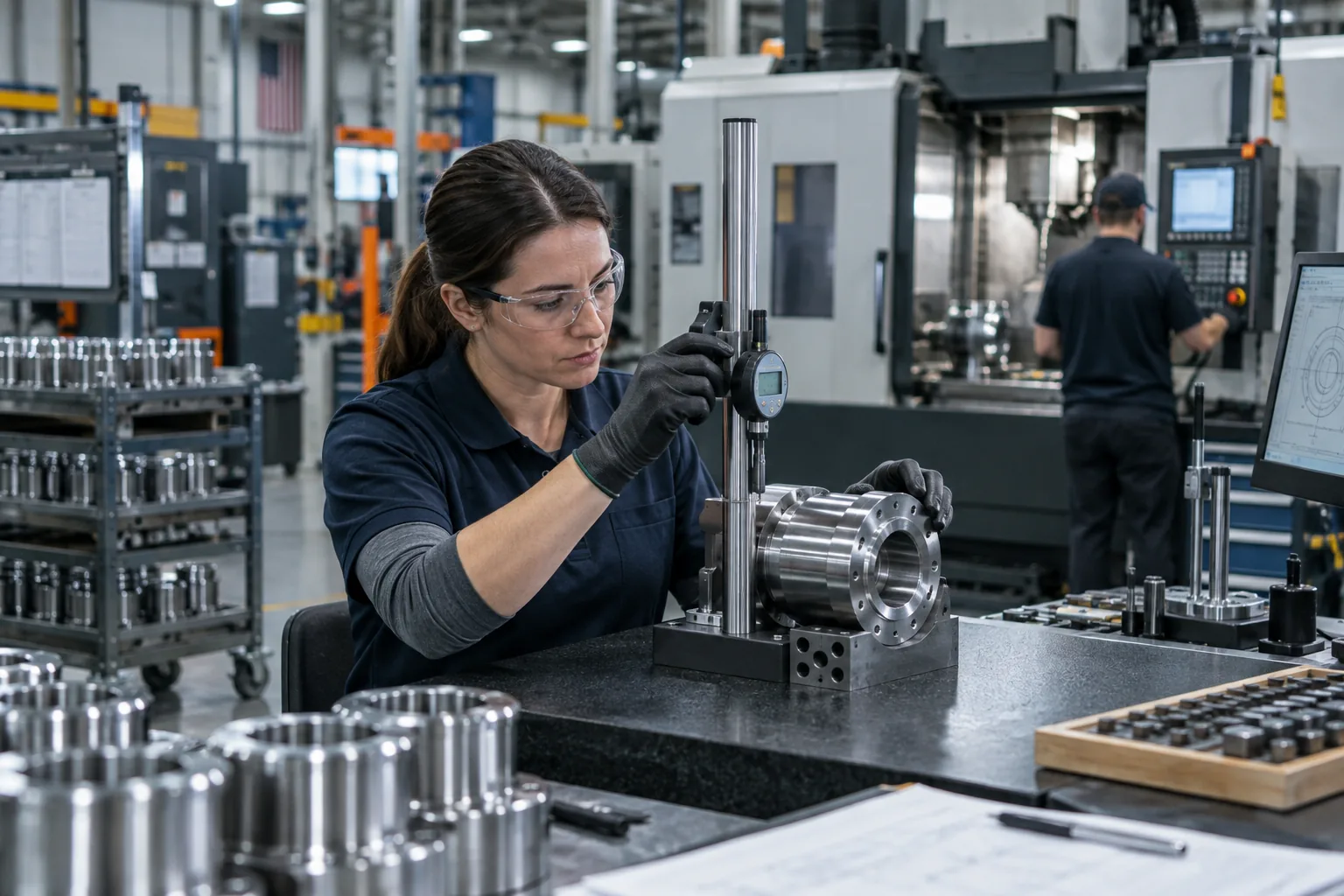 A quality technician inspecting a machined component beside CNC production