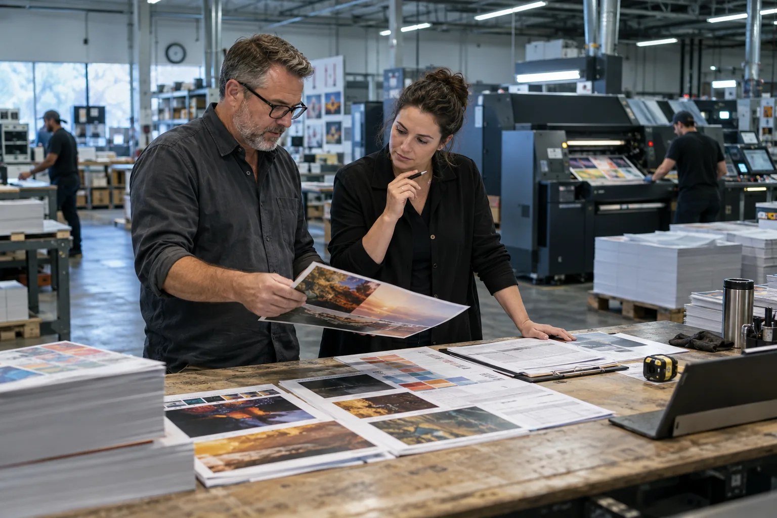 A print-shop owner and estimator reviewing a customer job and quote