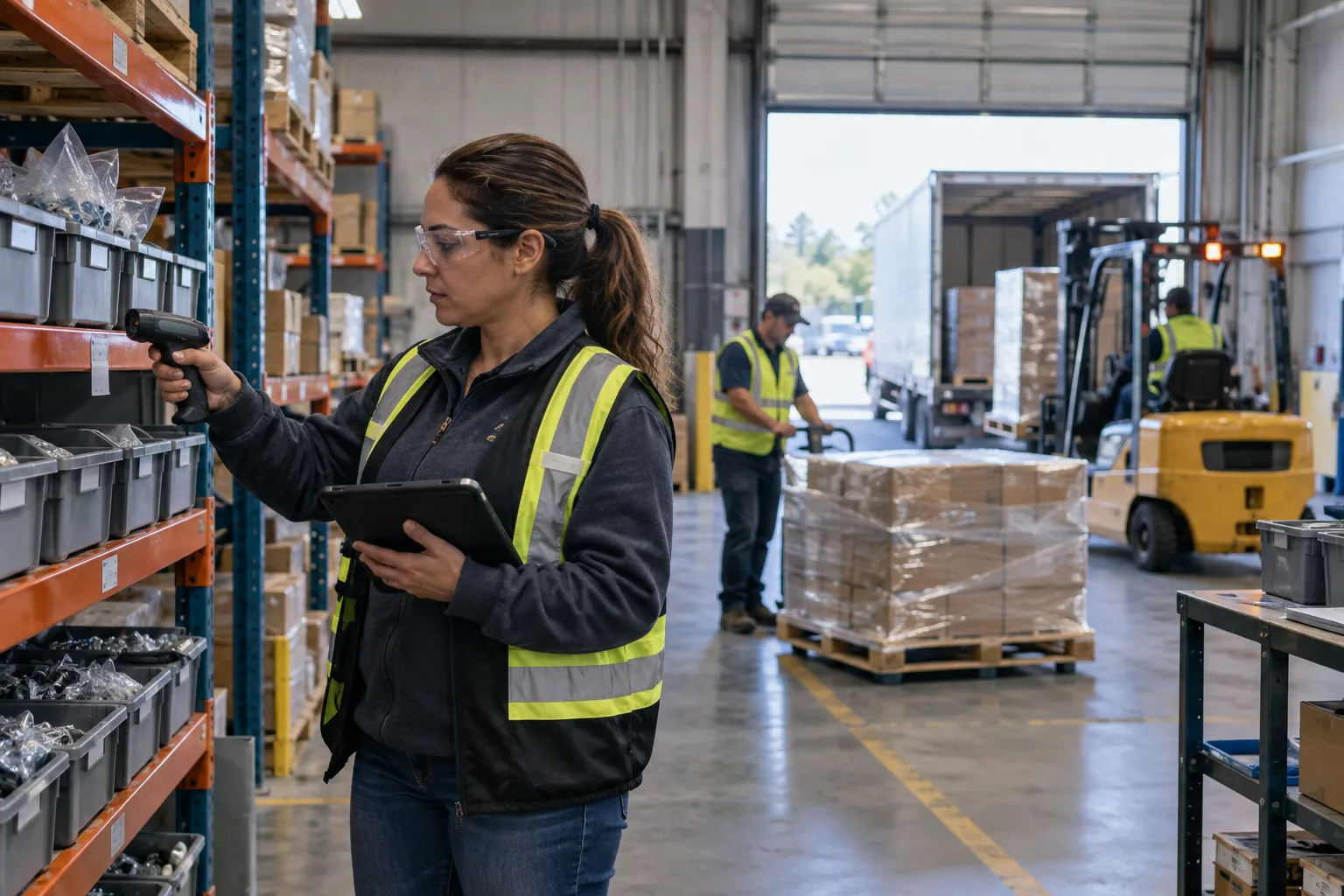 A warehouse manager scanning component stock while a shipment is staged at the dock